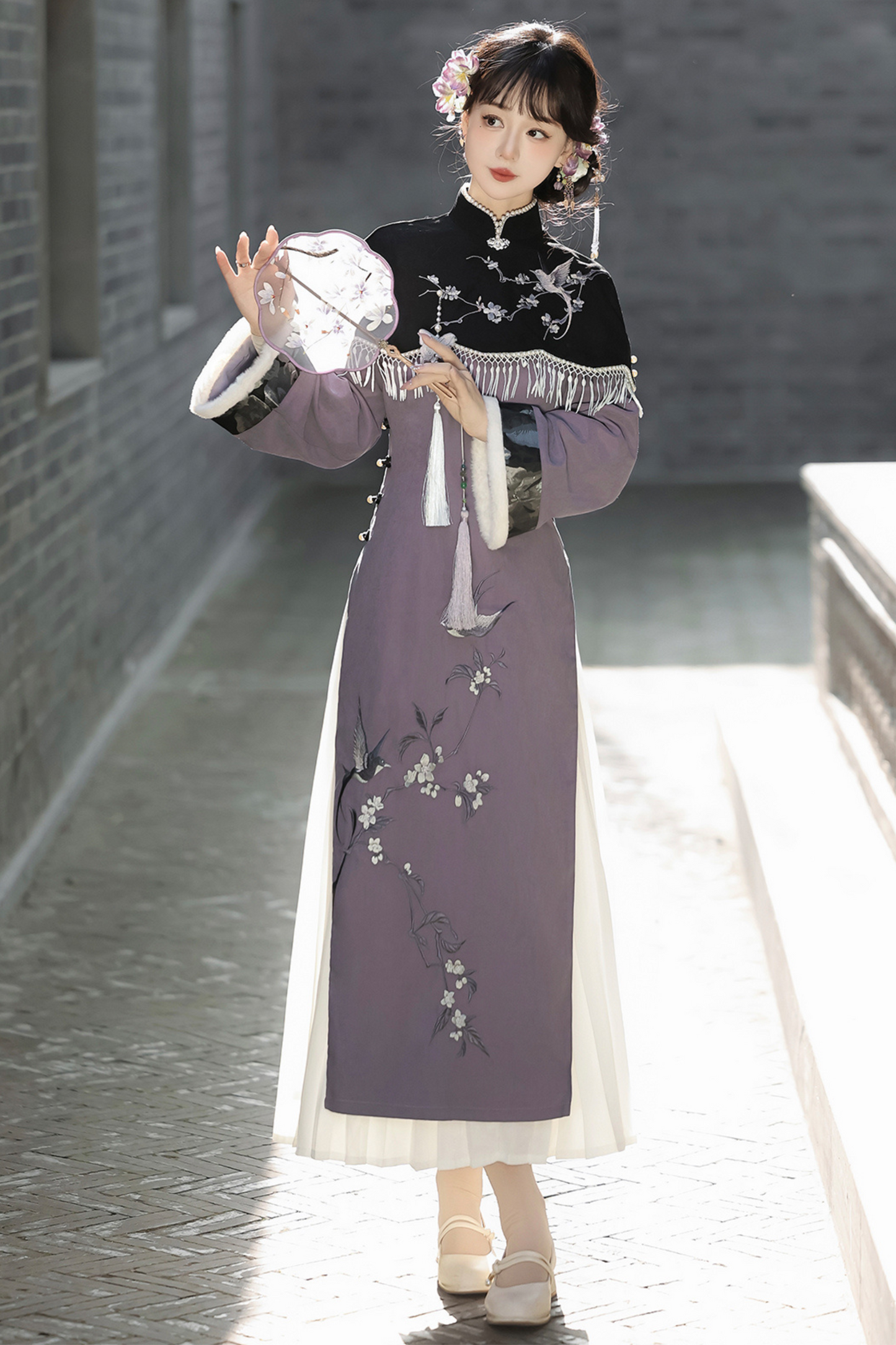 Retro China Dark Long Dress + China Shawl + Skirt