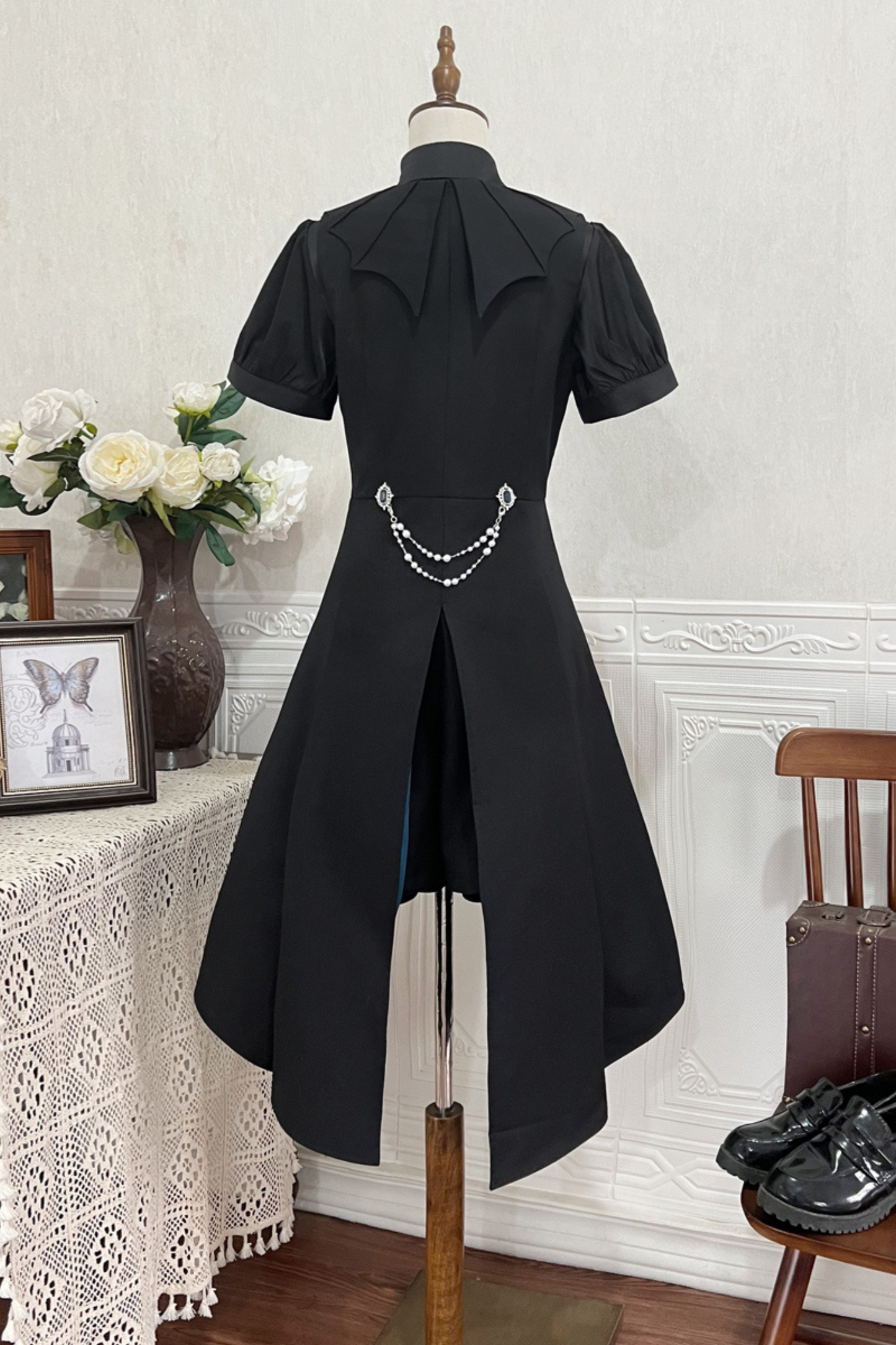 Dark mode asymmetrical jacket + dress + pants