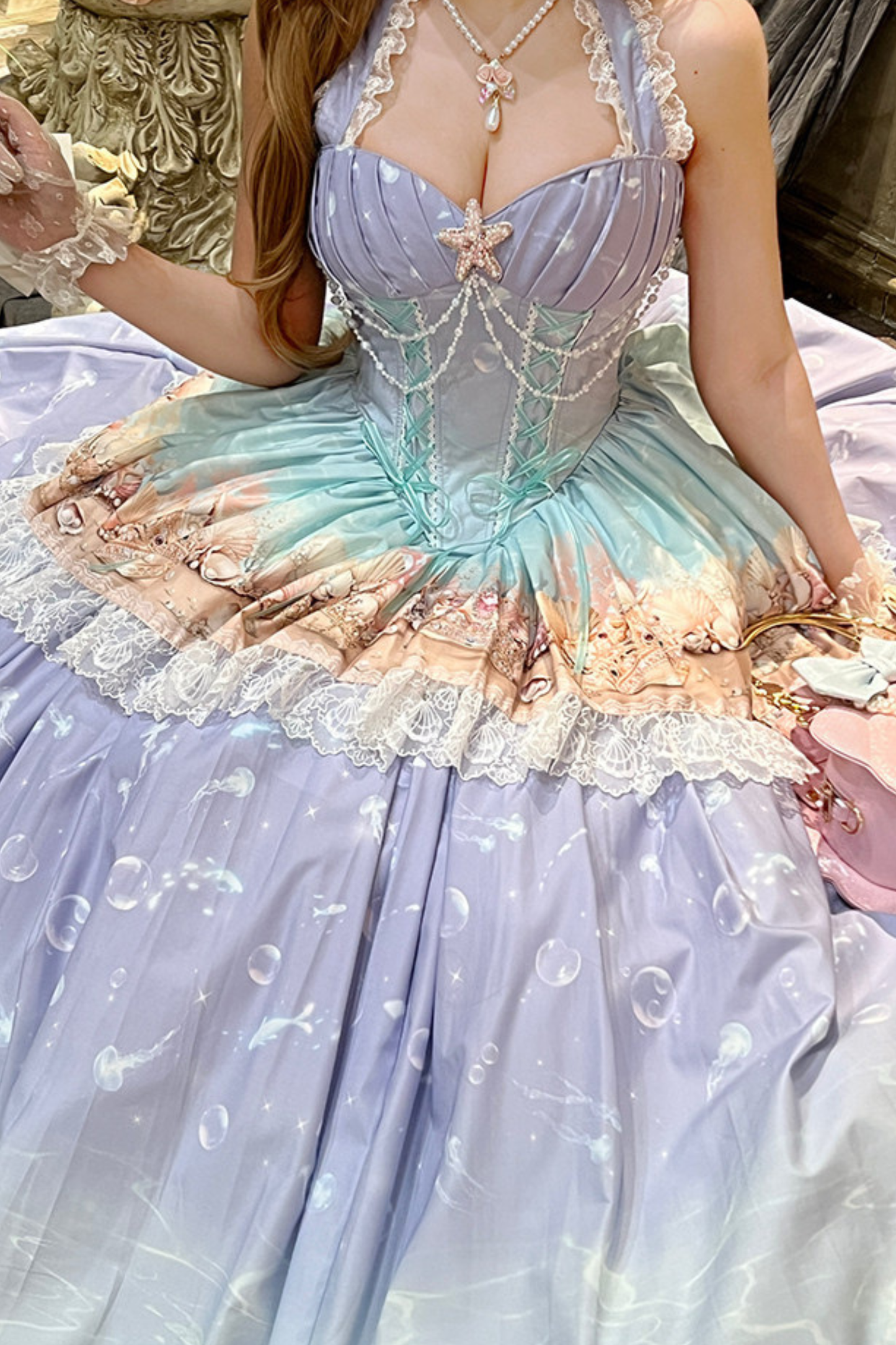 グラデーションバブルハルターネックフレンチドレス+スカート