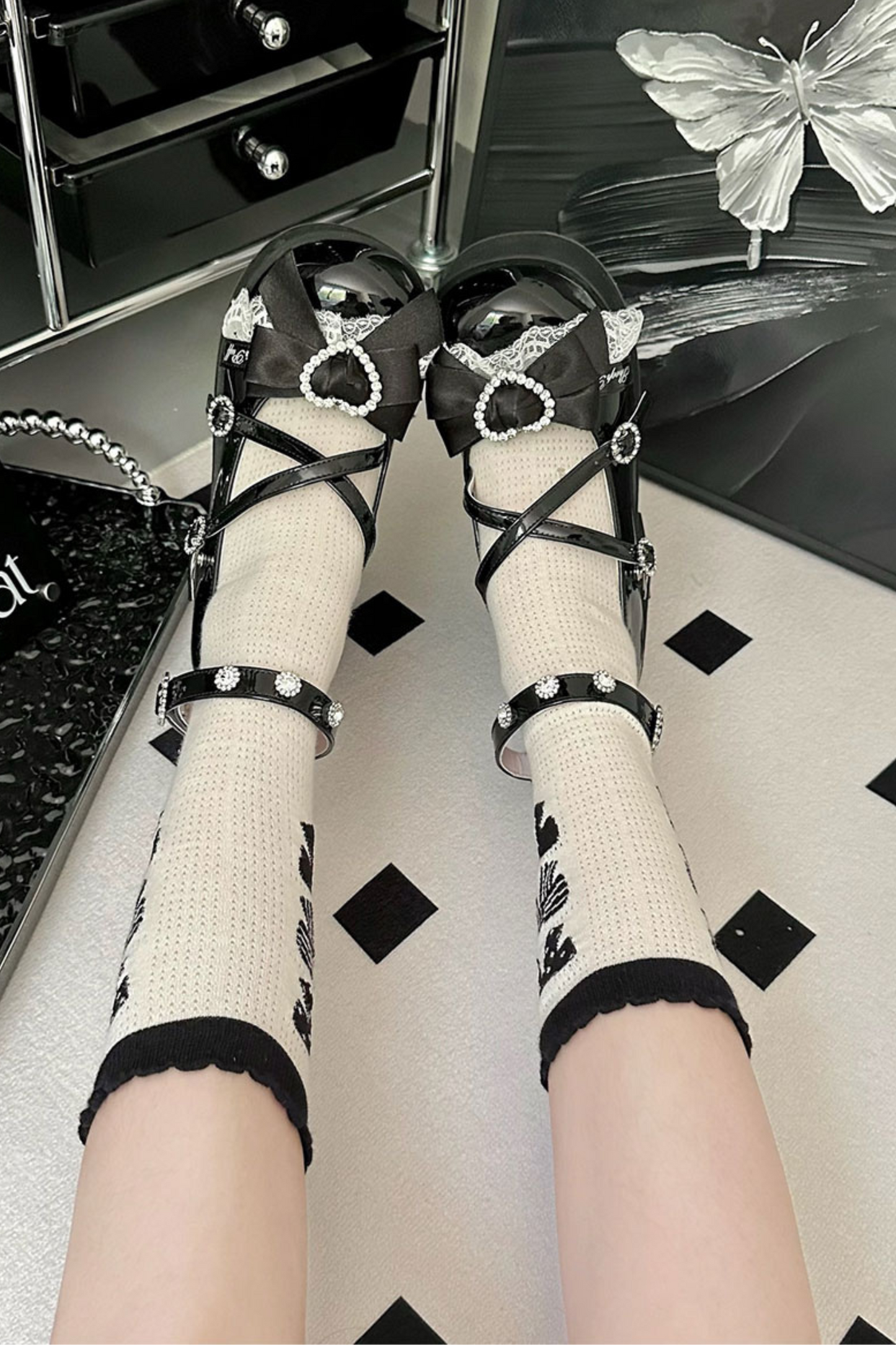 レイシープパフロリータレースラインストーンリボンフラットフォームシューズ