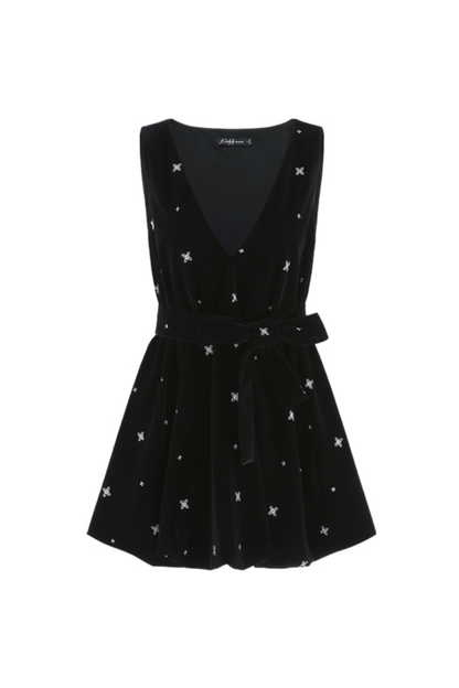 フレンチブラックベルベットリボンバルーンドレス