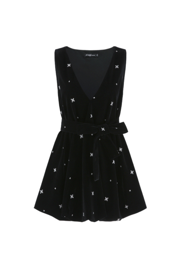 フレンチブラックベルベットリボンバルーンドレス