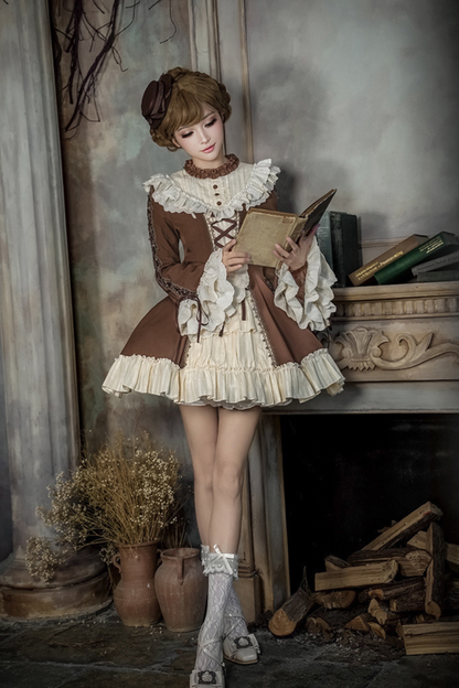 レーススタンドカラーフレアスリーブツインドールロリータドレス+カラー+ハット