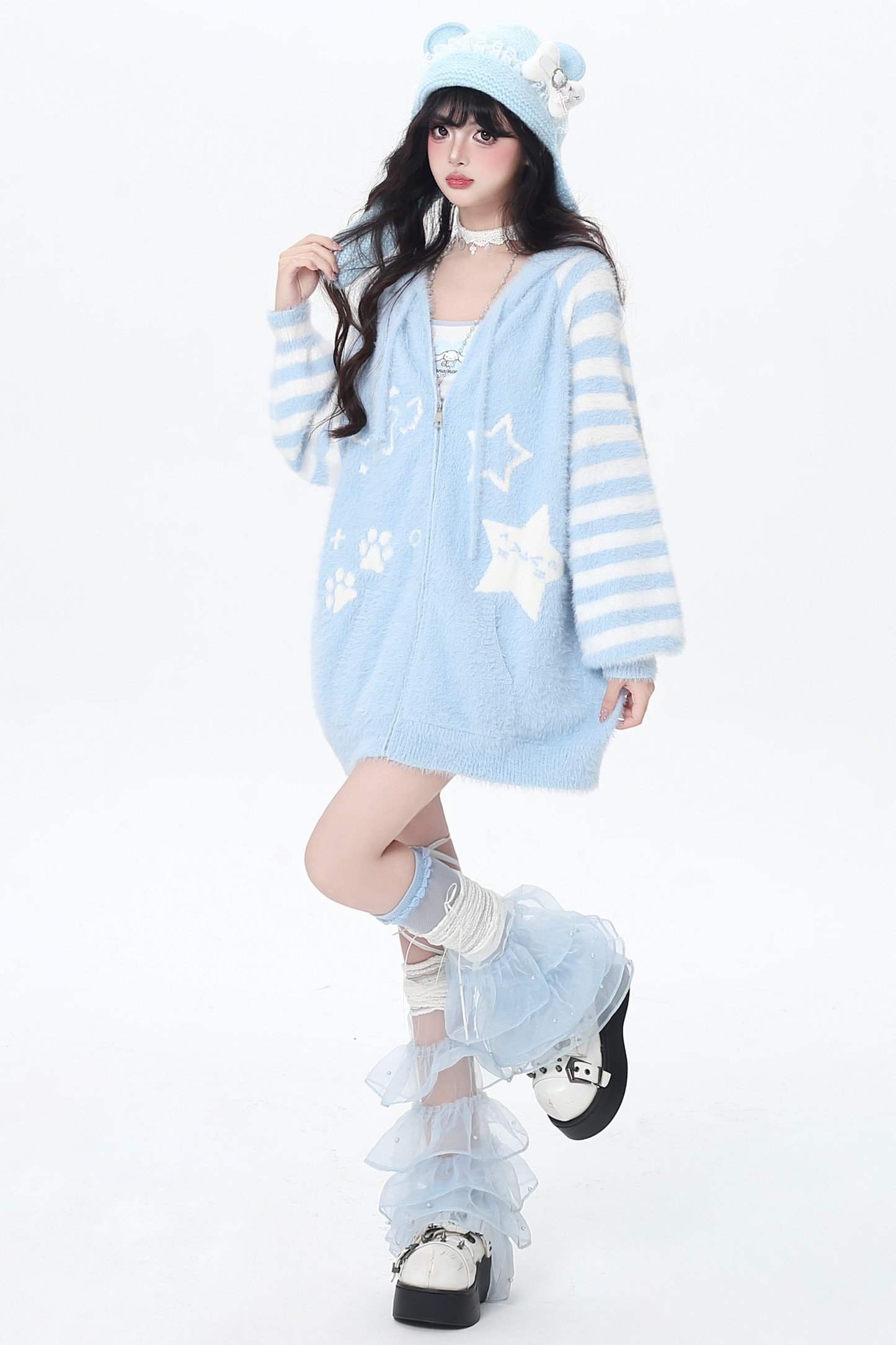 Star Line Striped Hooded Knit Cardigan