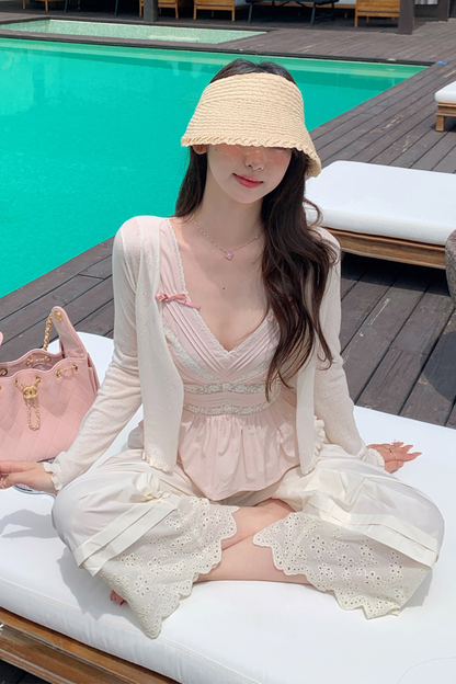 スイートショルダーリボンノースリーブトップス＋レースワイドパンツ