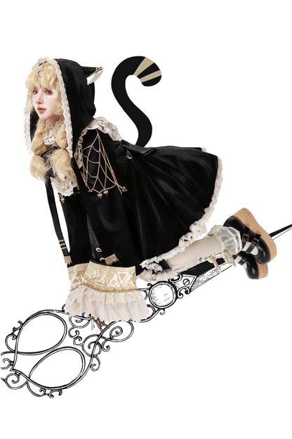 黒猫フリルクロックロリータドレス+パンプキンパンツ