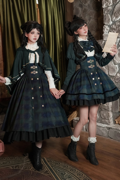 レトロカレッジスタイルチェックロリータスカート＋ジャケット＋マント＋ブラウス＋リボン＋ネックレス