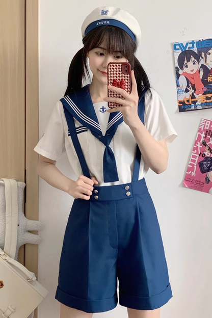 Matrosen-Hemd + Träger-Kurze Hose + Krawatte + Baskenmütze