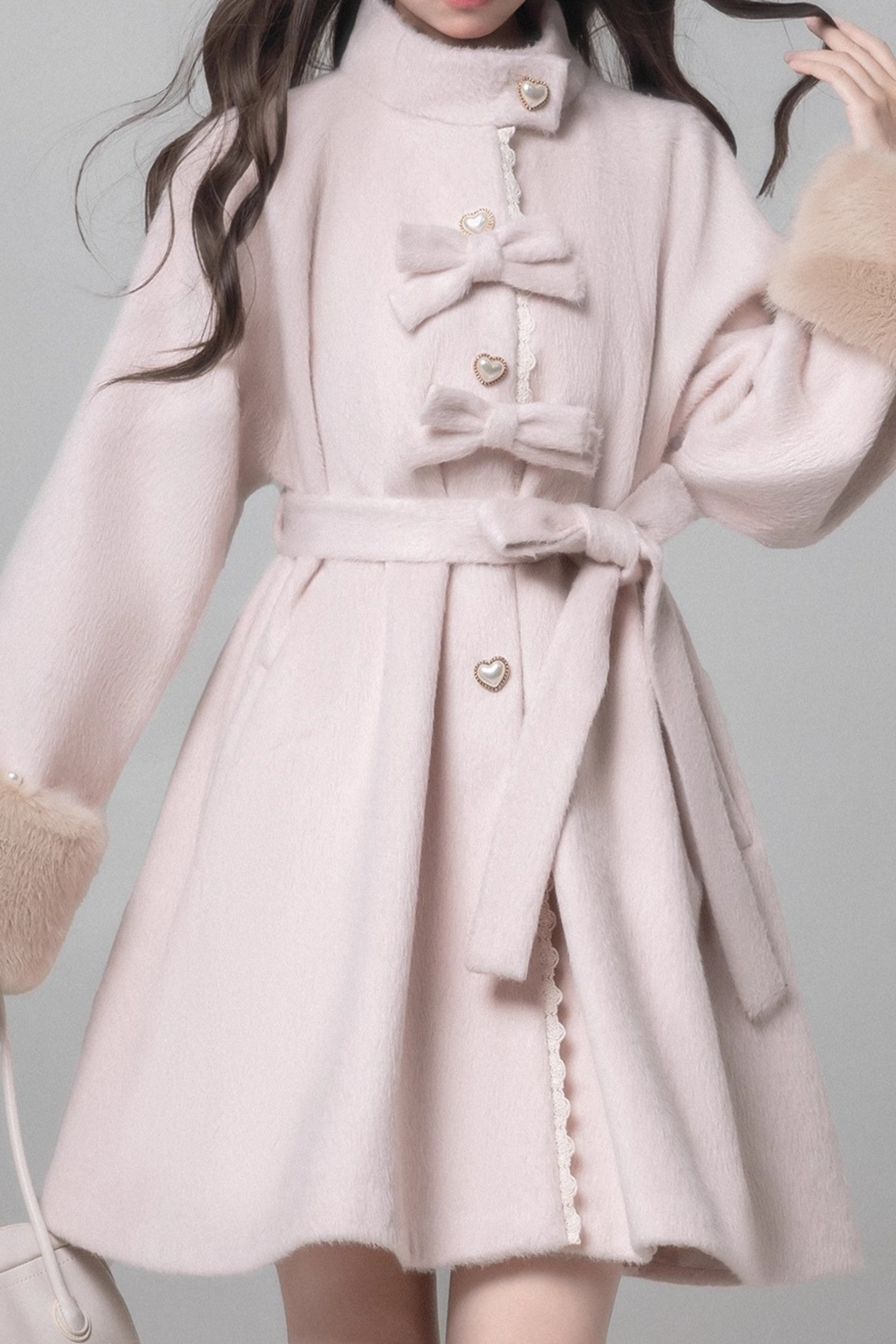 スイートガーリーリボンフレアコート+ファーカラー+シャツ+スカート+ベレー帽