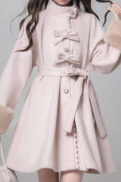 スイートガーリーリボンフレアコート+ファーカラー+シャツ+スカート+ベレー帽