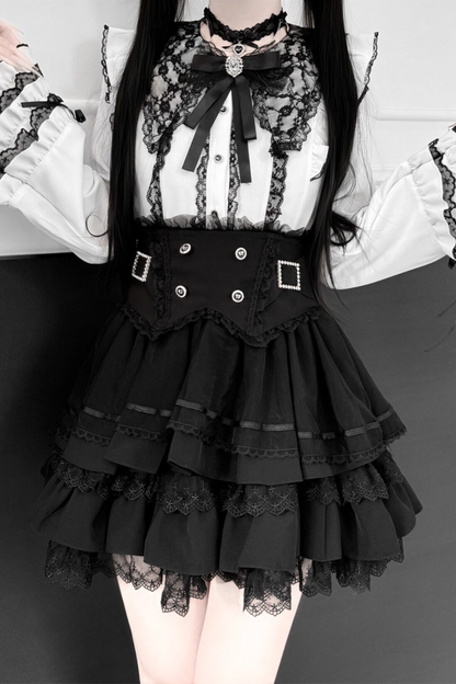 [Vorbestellung bis 13. März] Süßes Tee-Spitzen-Prinzessinnenärmel-Hemd + Kuchenrock