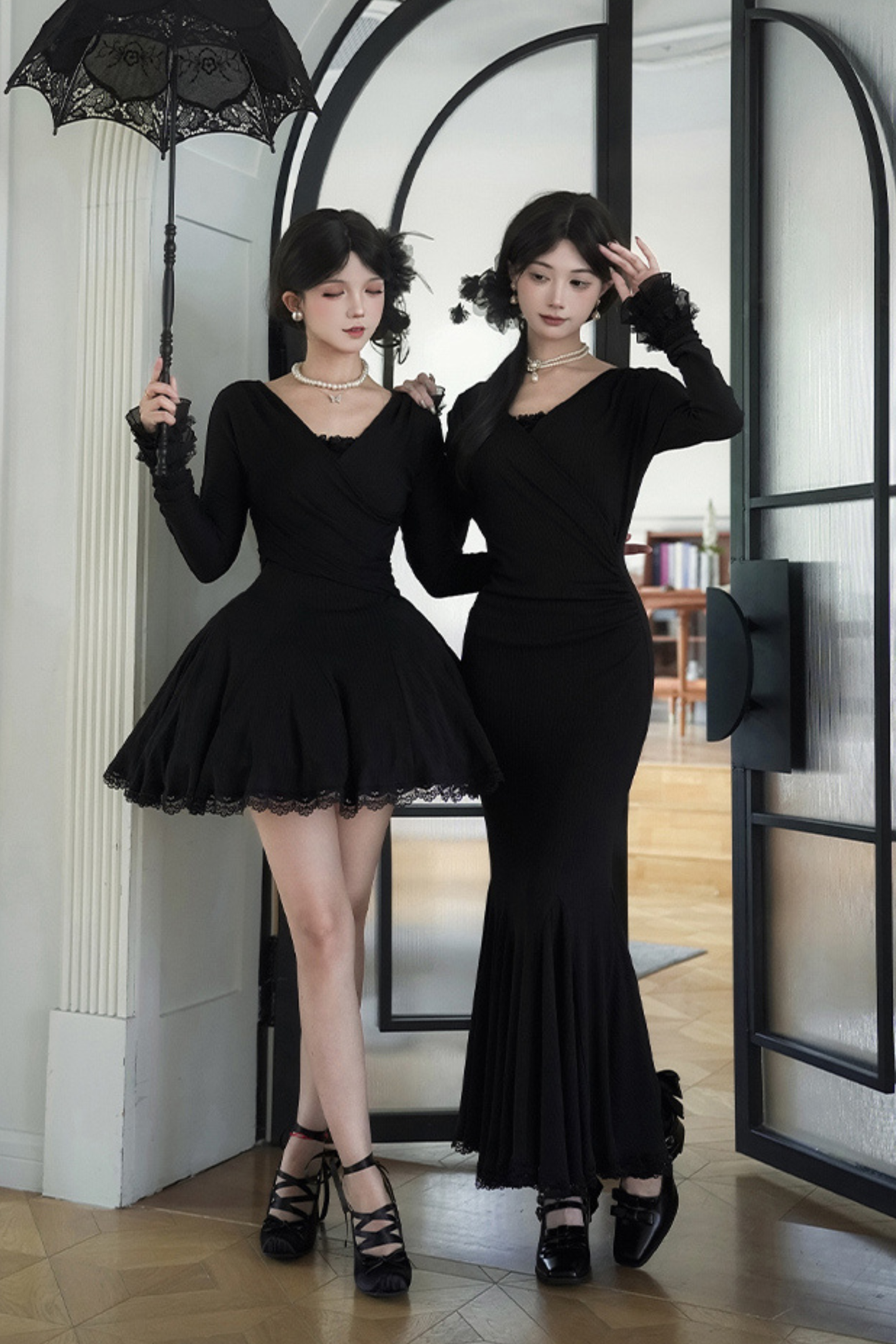 ローVネックニットストレッチスリムワンピース