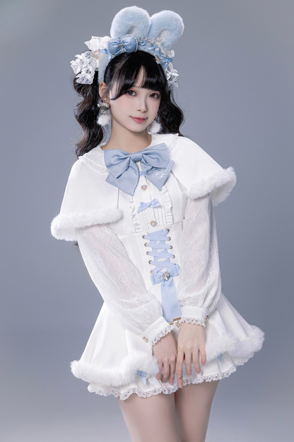 Fluffy cute cape + top + pants + brooch