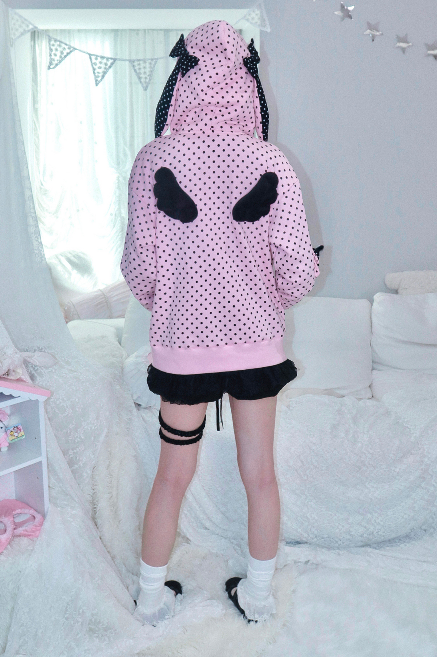 Y2Kガールドットバニーフードパーカー