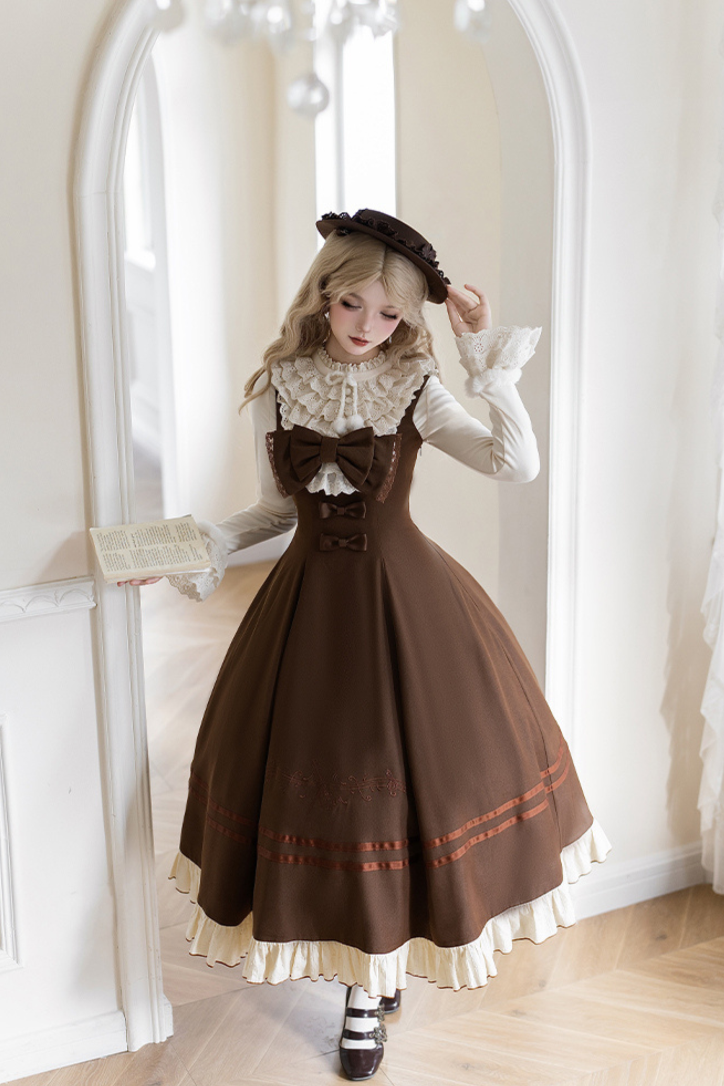 ツインフリルドールジャンパースカート+トップス+リボン+ハット