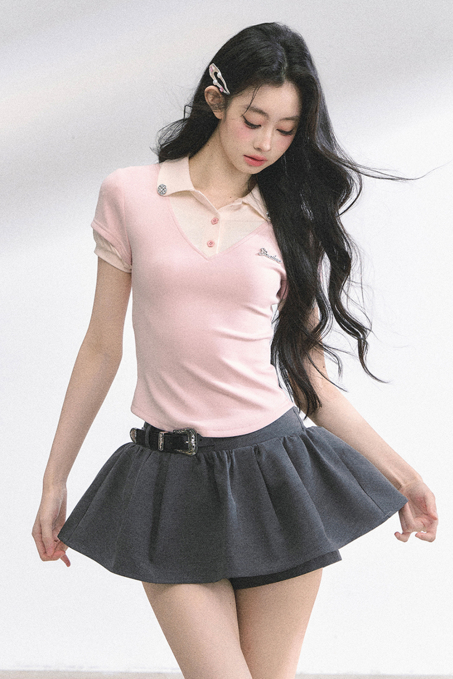 フレンチシャツタイトガーリートップス