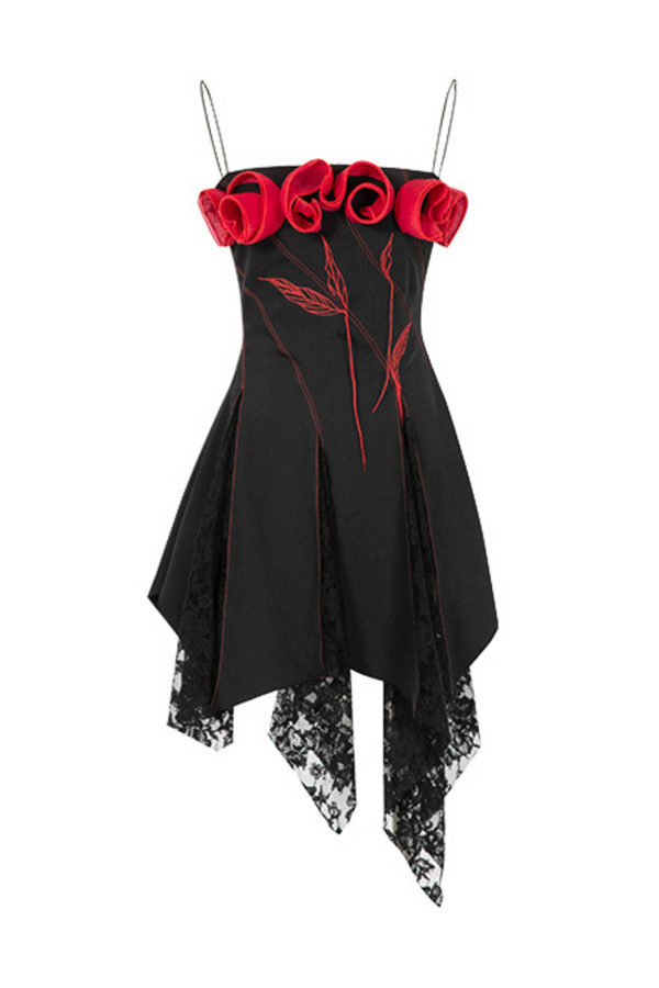 Dark Heavy Rose Lace Irregular Dress