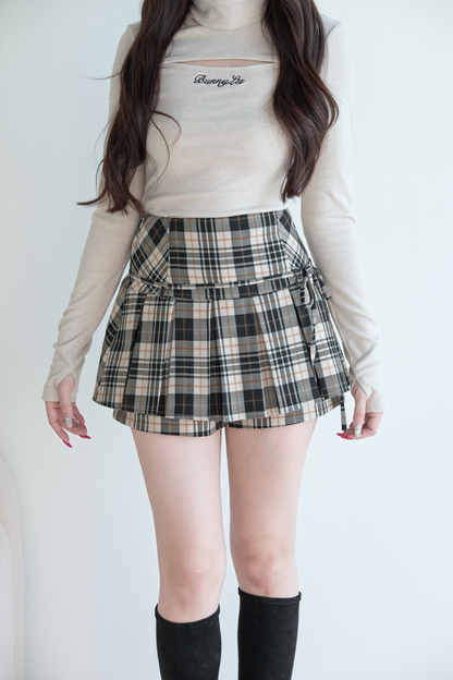 High Neck Knit Top + Check Skirt