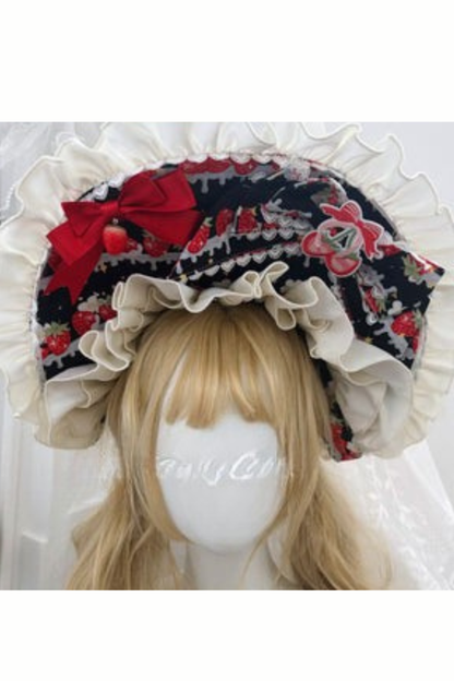 ストロベリーロリータジャンパースカート+ラビットヘアスカーフ+ビッグリボン+トップス+ハット+ボンネット
