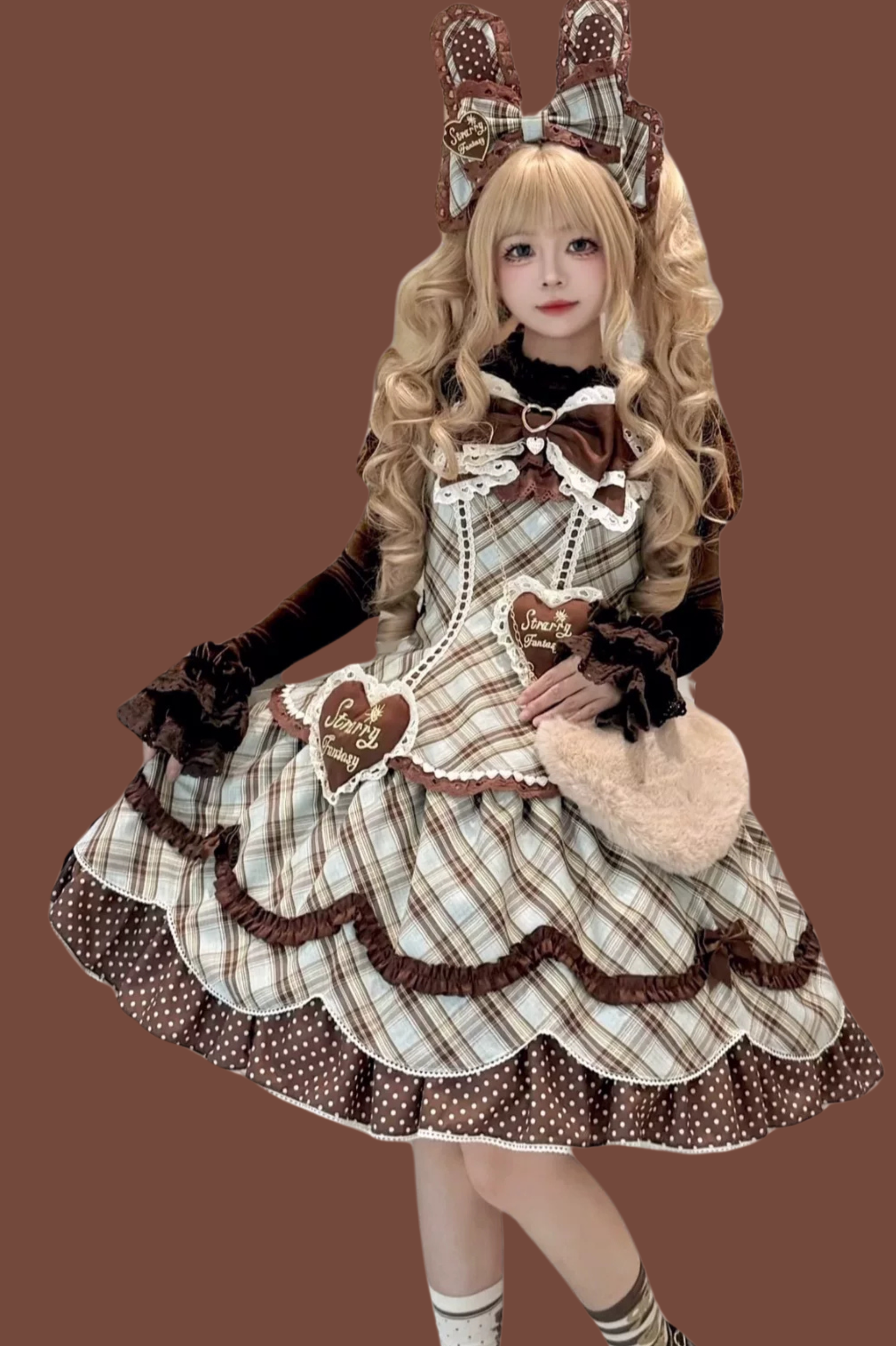 Check Sweet Girly Lolita Tiered Dress + Headband + Hairband