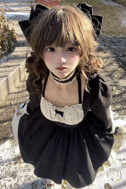 ツインフリルメイドロリータドレス+エプロン+チョーカー+ヘッドバンド+リボン+レッグカバー