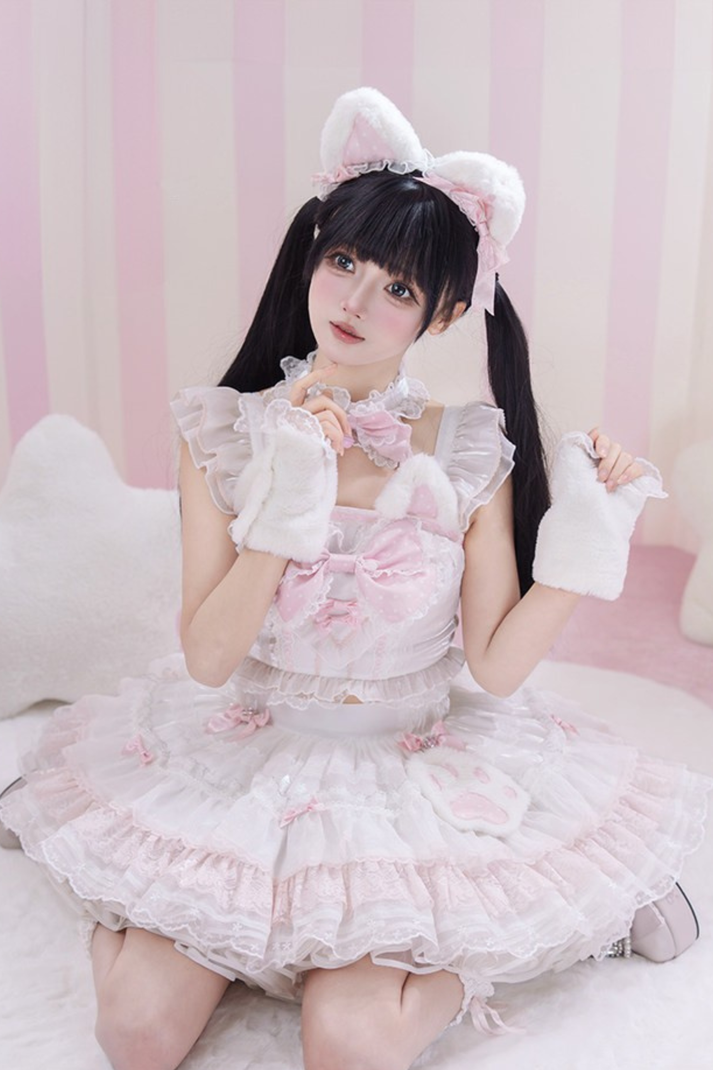 [Pre-order] Cat Girl Cat Ear Lace Ribbon Dress Full Set + Cat Ear Headband