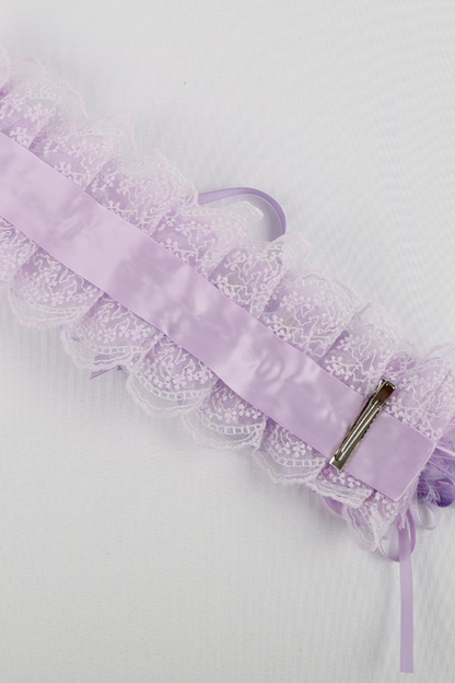 パープルブライダルリボンフラワーボンネット+ハットクリップ+ヘアバンド+リボンクリップ+スリーブ