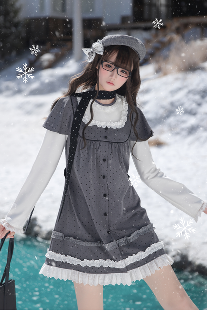 グレイポルカドットドールドレス+ベレー帽