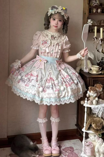 キャビネットロリータジャンパースカート+ドレス+ブローチ+ヘアバンド+ボンネット+エプロン+ハンドスリーブ