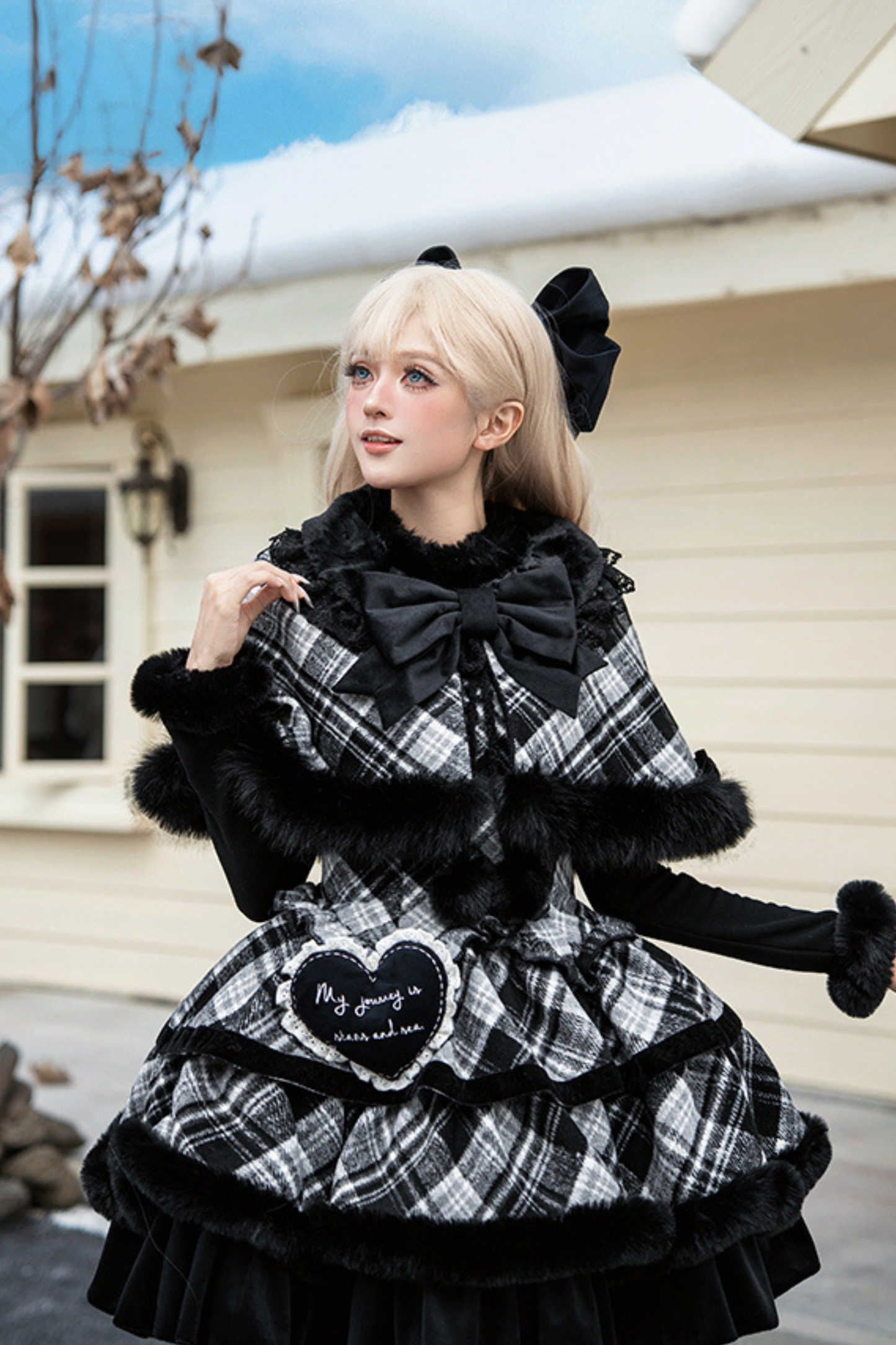 チェックドールジャンパースカート+リボンブローチ+ピン+ラブブローチ+ショール+トップス+レッグカバー