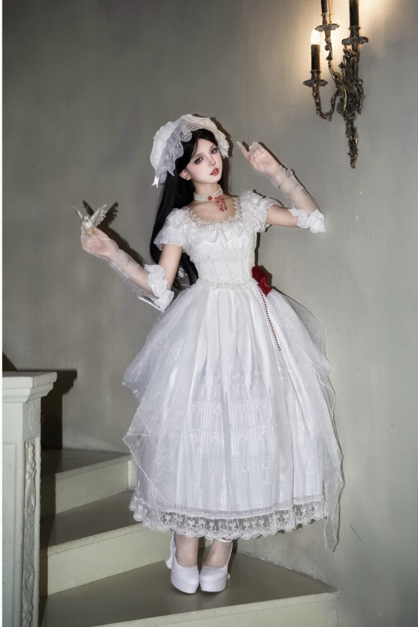 ゴシックツインズロリータドレス＋ハンドスリーブ＋ネックレス＋ヘッドバンド＋ベール＋コルセット＋取り外し可能カーテン＋コサージュ