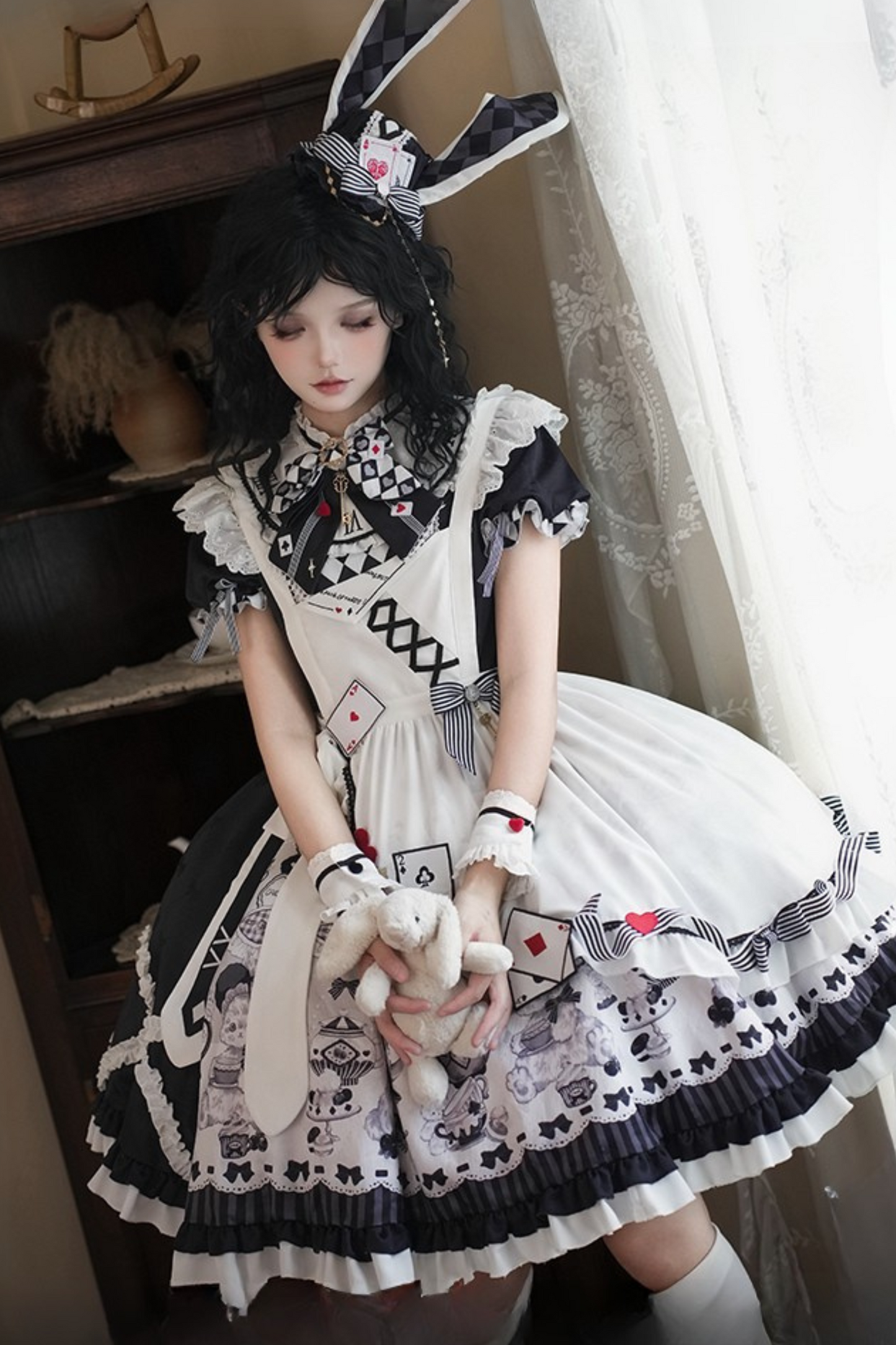 【数量限定】アリスティーパーティーアシメエプロンドレス＋うさ耳ハットドレスフルセット