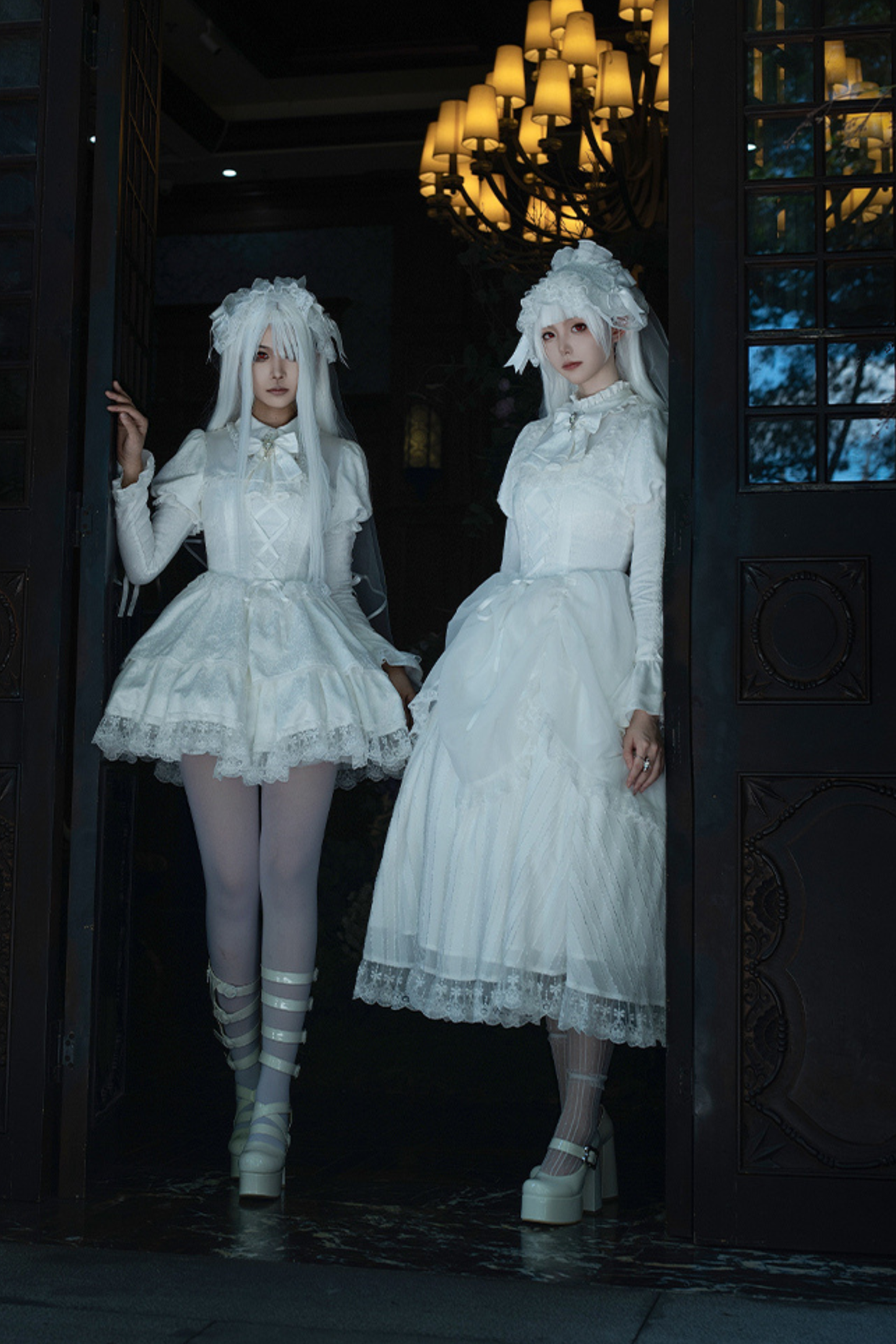 White gothic gemini Lolita dress + corset + ribbon + hair band + veil