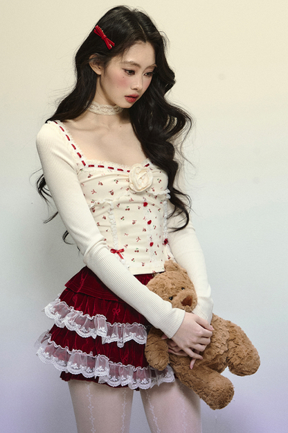 Lillian Lovesong Red Velvet Cardigan + Flower Top