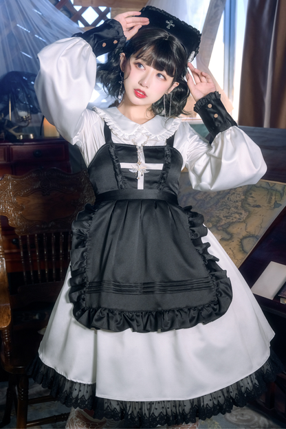 ランタンエンジェルメイドロリータドレス＋エプロン＋つけ襟