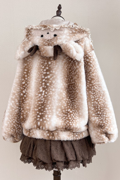 鹿柄フード付きホーンバックルファーコート