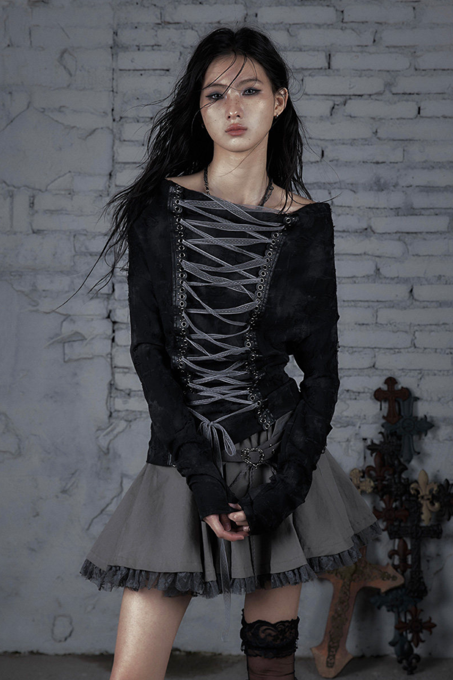 ダークパンクワンショルダートップス