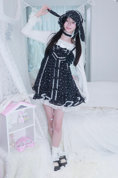 ドットシフォンサンドレス+ラビットハット