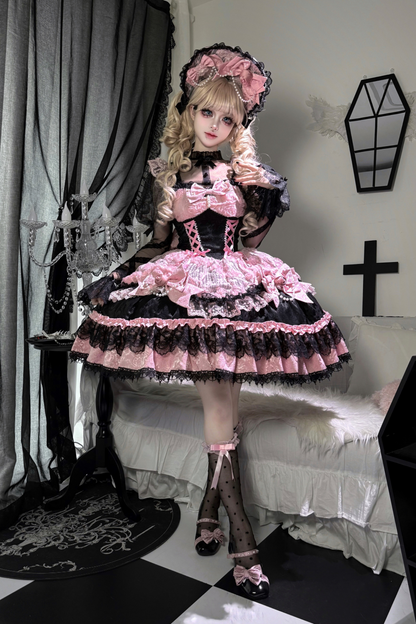 ローズフリルプリンセスジャンパースカート+バッグリボン+ボンネット