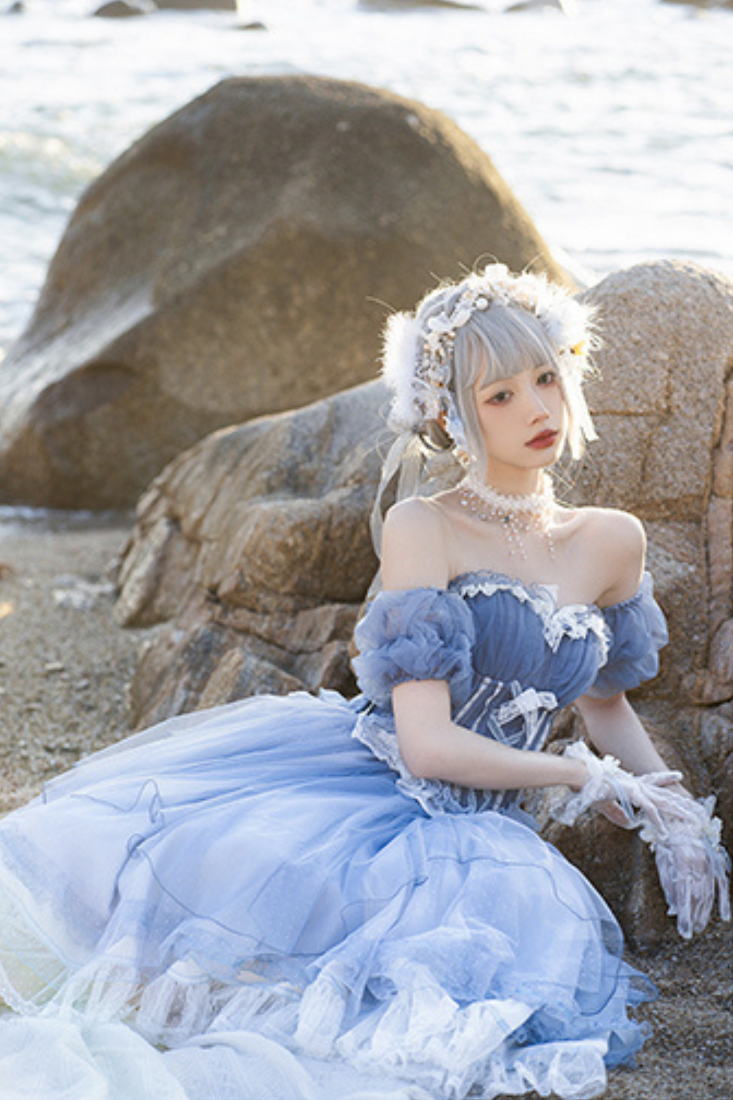 [Reservation Deadline: March 18] Gradient Blue Elegant Split Bustier Dress Setup + Accessories