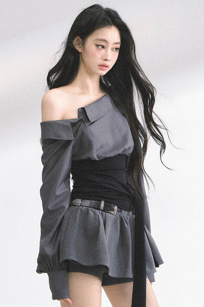 ウエストバンド付きワンショルダーシャツ