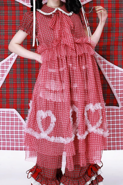 Retro Heart Mesh Plaid Skirt