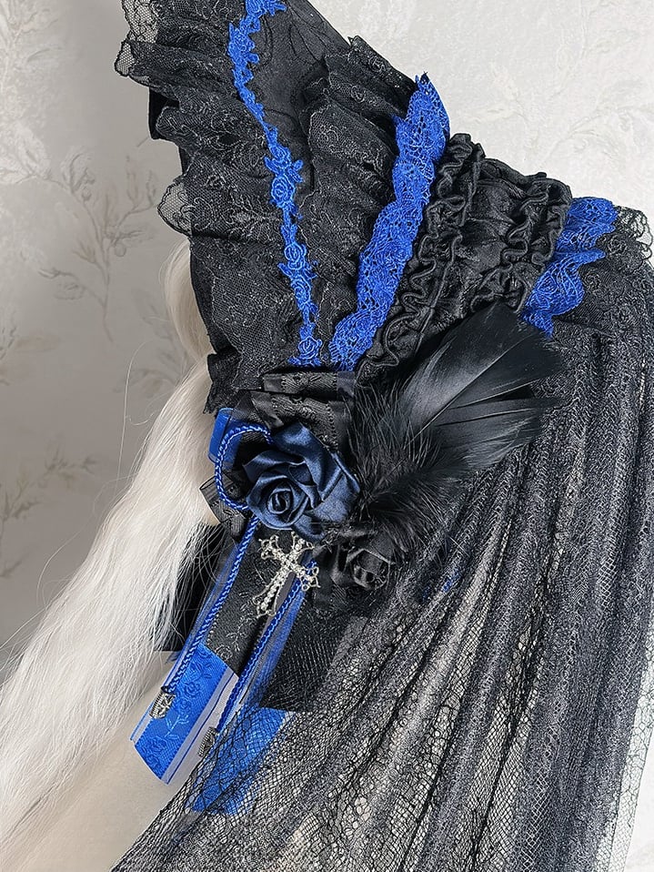 Black Mist Banquet Gothic Cross Rose Bonnet + Veil + Brooch