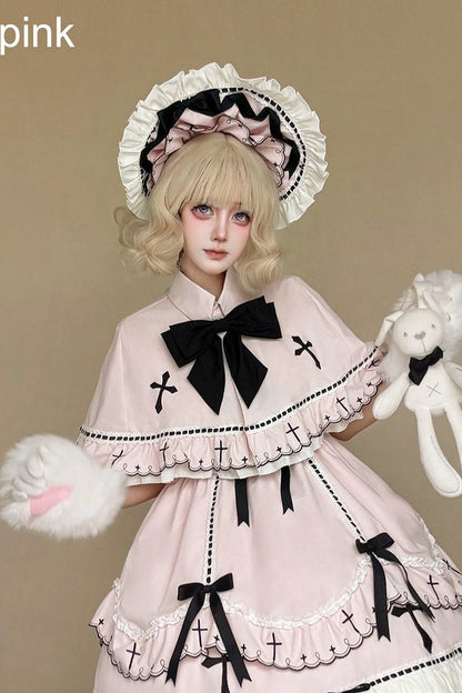 【10月4日予約締切】Pink Gothic-Inspired Sweet Lolita Ribbon Ruffle Dress＋Cross Embroidery Ribbon Cape