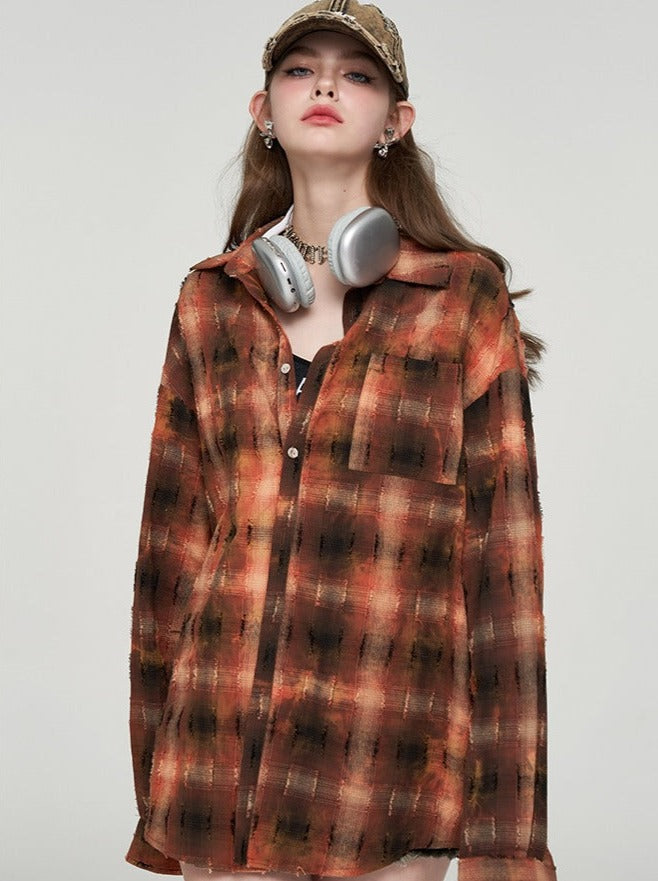 レトロオレンジチェックルーズシャツ – Belchic