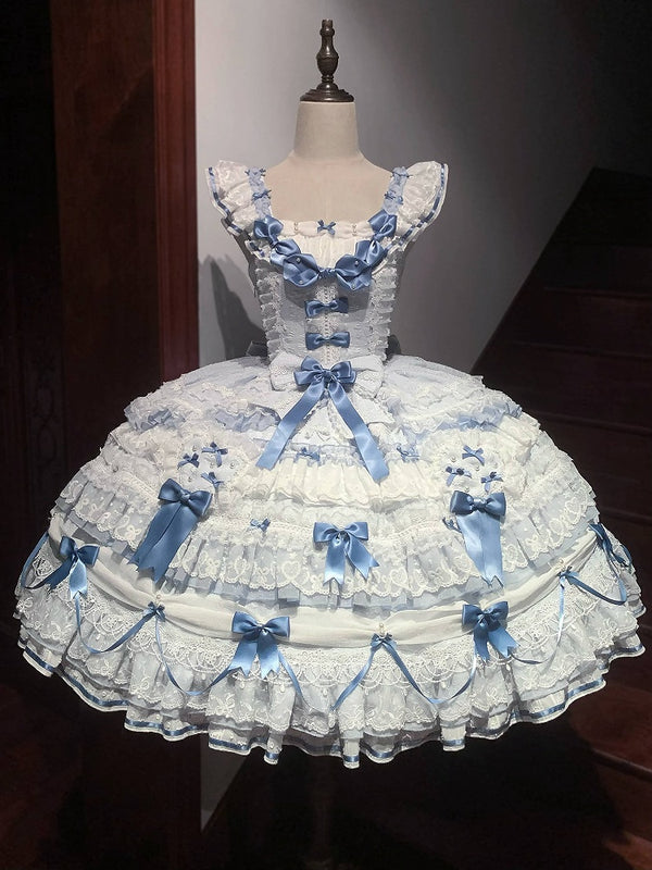 [Pre-order Deadline: July 13] Blue x White/Red x Pink Sweet Lolita Rabbit Lace Ribbon Tiered JSK Dress + Princess Sleeve Ribbon Blouse