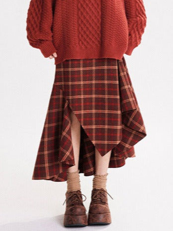 Red Check Skirt Retro Irregular Design A-Line Skirt