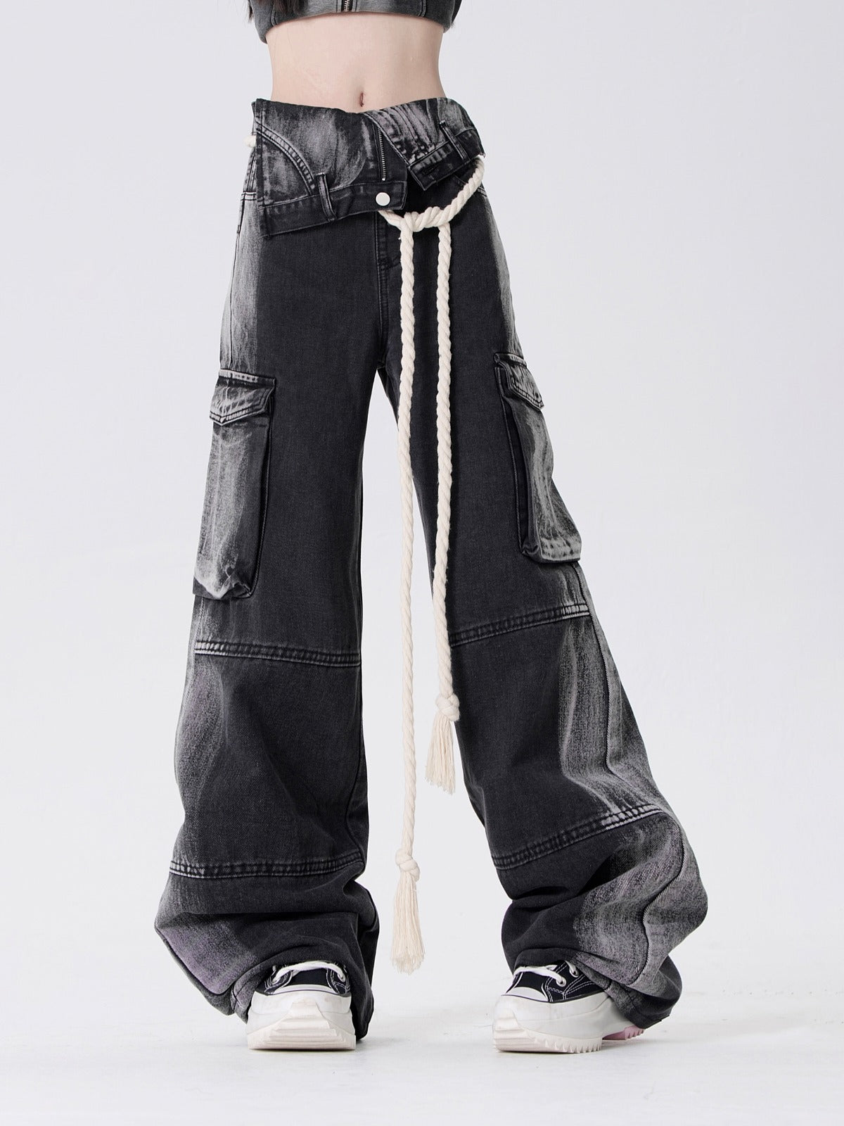 Side-osh design loose cargo denim pants + belt