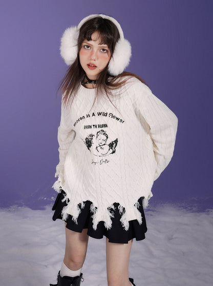 Sweet Cool Milk White Angel Print Damaged Knit