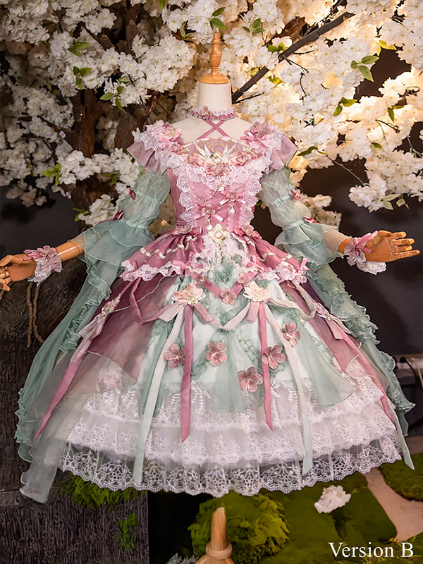 【6月28日予約締切】ピンク×グリーン/レッドフローラルスイートロリータリボンチュールレイヤード姫袖ドレスversionA/B